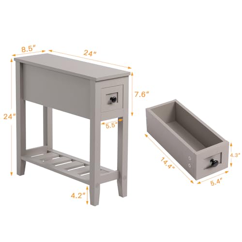 Grey 2 Pack Chairside Narrow End Table with Drawer, Solid Recliner Side Table with Storage Shelf, Slim Nightstand Bedside Table for Bedroom - size: 2 Grey