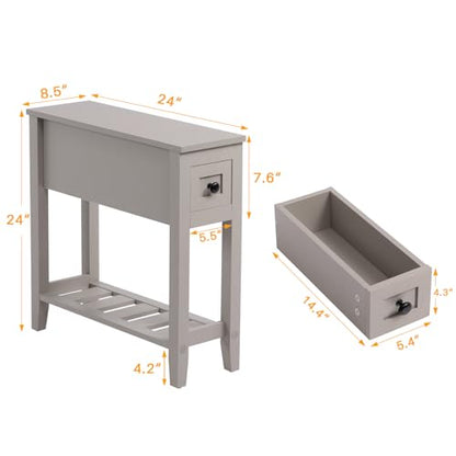 Grey 2 Pack Chairside Narrow End Table with Drawer, Solid Recliner Side Table with Storage Shelf, Slim Nightstand Bedside Table for Bedroom - size: 2 Grey