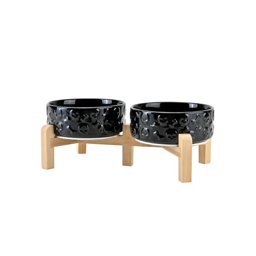 SPUNKYJUNKY Elevated Dog Bowls Ceramic, 5.1'' Dogs and Cat Food Water Bowls Raised with Non-Slip Bamboo Stand for Puppy Small Sized Breed Microwave Dishwasher Safe - 13.5 OZ,Skull Black - color: Black- Skull, size: 5.1 in - 1.7 cups