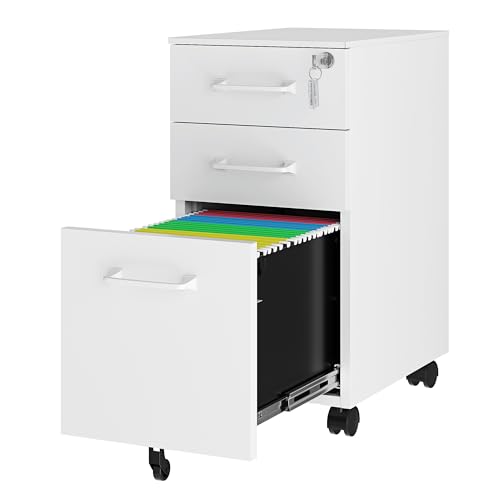 3 Drawer Slim File Cabinet, Mobile File Cabinet with Lock for Home Office, Rolling Narrow File Cabinet, Under Desk Locking Filing Cabinet on Wheels for Legal/Letter/A4 File(Unassembled,White) - color: White, size: 11.8"W x 23.6"H x 17.7"D