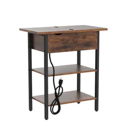 HOOBRO Set of 2 End Tables, Side Table with Charging Station, Flip Top Nightstand with USB Ports and Outlets, Bedside Tables with Shelf for Small Spaces, Living Room, Bedroom, Rustic Brown BF341BZP201 - color: Rustic Brown + Black
