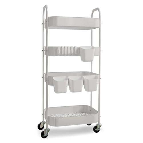 4-Tier Metal Rolling Cart with Wheels, Storage Utility Organizer Cart for Kitchen, Bathroom, Office, Baby Essentials & Makeup - Lockable Casters, Easy Assembly, Large Capacity, White