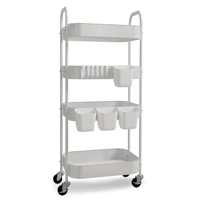 4-Tier Metal Rolling Cart with Wheels, Storage Utility Organizer Cart for Kitchen, Bathroom, Office, Baby Essentials & Makeup - Lockable Casters, Easy Assembly, Large Capacity, White