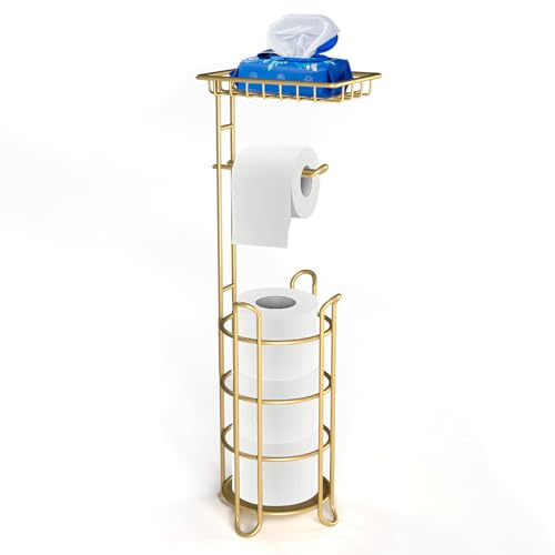 Gold Toilet Paper Holder Stand with Shelf, Freestanding Tissue Roll Holder, Holds 4 Mega Rolls and Extra Storage for Phone, Wipes - color: F-gold