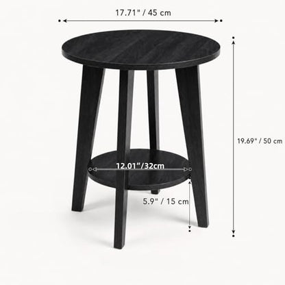 Small Round Side Table-17.7" Cute End Table with 2-Tier Storage | Waterproof Low Nightstand for Kids Room, Nursery, Small Spaces, Plant Stand & Bean Bag (Black) - color: Charcoal Black