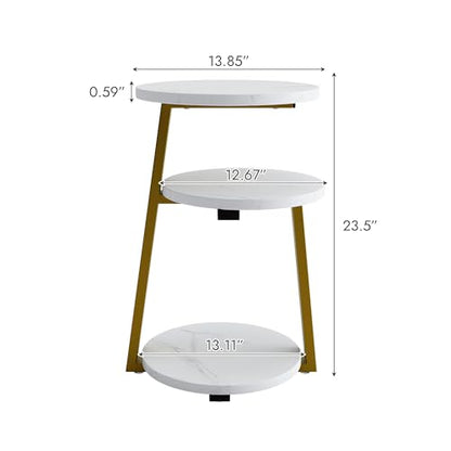 3-Tier Round End Table, Faux Marble Top Side Table with Sturdy Metal Legs, Modern Nightstand for Living Room, Bedroom, Small Spaces (Golden) - color: Golden