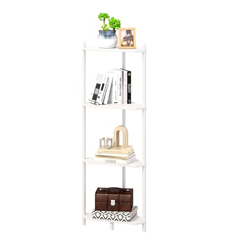 Corner Shelf Stand - 4 Tier Bamboo Small Corner Bookshelf for Office Kitchen Bedroom Plant Stand Living Room Decor Small Space (White, 4 Tier) - color: White, size: 4 Tier