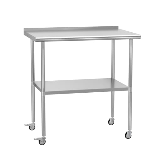 Stainless Steel Prep Table 24" X 36" with Adjustable Undershelf, Backsplash and Wheels, Commercial Metal Workstations for Kitchen, Garage, Outdoor BBQ - color: W/ Wheel & Backsplash, size: 24x36 Inch