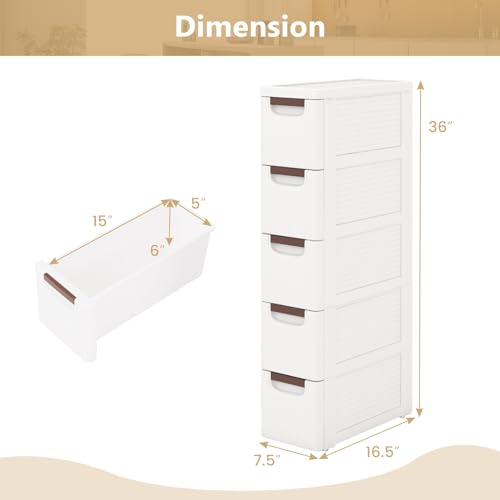 LOKO 5-Drawer Narrow Storage Cabinet, Slim Rolling Cart (7.5"x16.5"x36") | Mobile Plastic Cart Container | Pull Handles & Built-in Wheels | For Living Room, Kitchen, Bathroom, Office - size: 7.5"x16.5"x36" (5 Drawer)