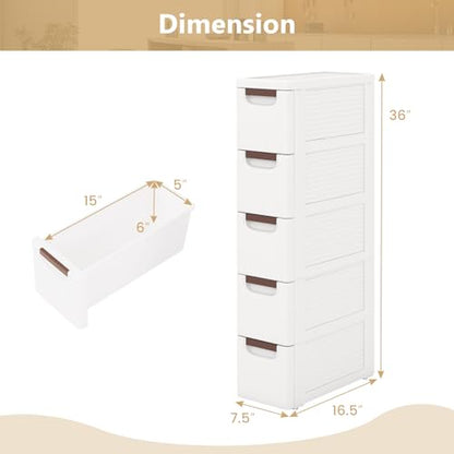 LOKO 5-Drawer Narrow Storage Cabinet, Slim Rolling Cart (7.5"x16.5"x36") | Mobile Plastic Cart Container | Pull Handles & Built-in Wheels | For Living Room, Kitchen, Bathroom, Office - size: 7.5"x16.5"x36" (5 Drawer)