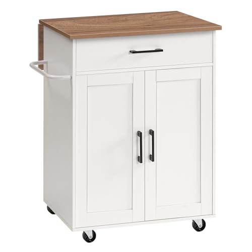 MAHANCRIS Kitchen Island on Wheels with Drop Leaf, Folding Countertop Kitchen Island Cart, Kitchen Island Table with Towel Rack, Drawer, for Kitchen, Dining Room, White and Walnut KIBZ12501 - color: White and Walnut