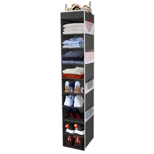 Large-Sized Hanging Shoe Organizer 10-Shelf, Sturdy Hanging Closet Organizer with 8 Side Pockets, Wider Hanging Shelves for Storage Shoes Clothes Jeans Shirts Toys, Black - color: Black, size: 1 pack