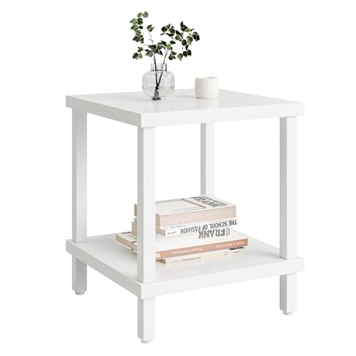 MMEOLUOOK Large End Table Square Side Table Modern Sofa Table 20 Inch Industrial Coffee Table NightStand with 2-Tier Storage Shelf for Living Room Bedroom White MLBZ06W - color: White
