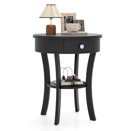 GOFLAME Round End Table with Drawer, 2-Tier Sofa Side Table with Solid Wood Legs, Open Storage Shelf, Vintage Accent Table, Display Table, Compact Nightstand for Living Room, Black - color: Black