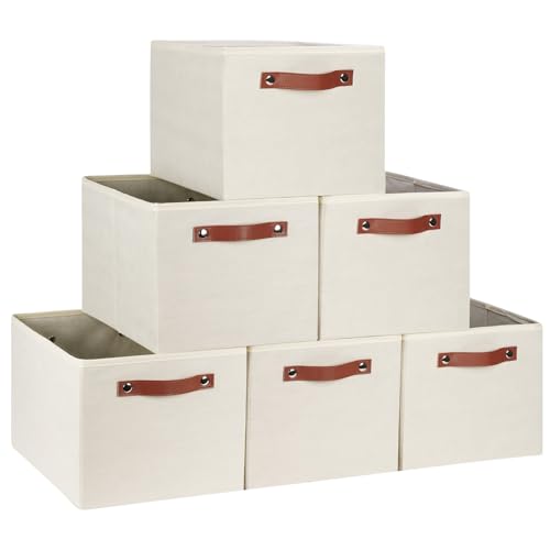 [6-Pack] Fabric Storage Bins Reinforced 2.5mm Cardboard Shelf Bins with PU Leather Handles (15x11x9.5 ) Durable Storage Baskets for Closet Organization, Toy Organizer, & Home Office Beige - color: Beige, size: 15(L) x 11(W) x 9.5(H)