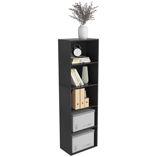 Wooden 5 Cube Storage Organizer, Black 5 Tier Bookcase Bookshelf Freestanding Storage Display Organizer, Versatile Cubes Open Shelf and Cubby Unit for Living Room, Home Office, Dinning Room 15.7inch - color: Black, size: 5 Cube-W(15.7inch)