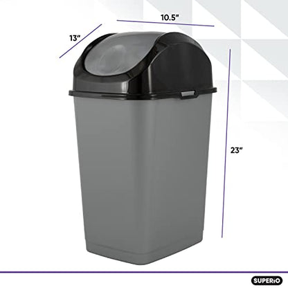 Superio Office Trash Can with Lid 9 Gallon Kitchen Garbage Can Bedroom Waste Basket 37 Qt. Swing Top Trashcan Plastic Durable Waste and Recycle Bin (2, Grey/Black) - size: 9 Gallon
