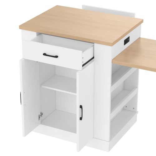 Bellemave Kitchen Island with Extendable Dining Table, 80.7" Kitchen Storage Islands with Double-Door Cabinet, Power Outlet, 2 Drawers & 2 Open Shelves, Temporary Breakfast Bar (White/80.7") - size: 80.7 Inch, style: White 2 Cabinet
