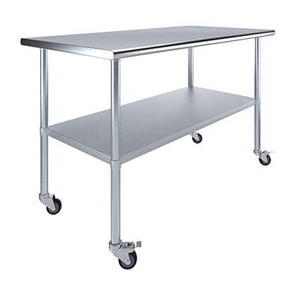 AmGood 60" Long x 30" Deep Stainless Steel Table with Casters - size: 60" Long x 30" Deep