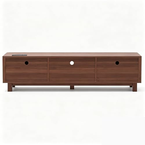 70 Inch Walnut Fluted TV Stand for 80 Inch TVs, Mid Century Modern Entertainment Center with Sliding Doors, Power Outlets, Storage Shelves, Wood Media Console Cabinet for Living Room