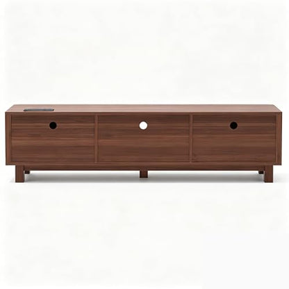 70 Inch Walnut Fluted TV Stand for 80 Inch TVs, Mid Century Modern Entertainment Center with Sliding Doors, Power Outlets, Storage Shelves, Wood Media Console Cabinet for Living Room