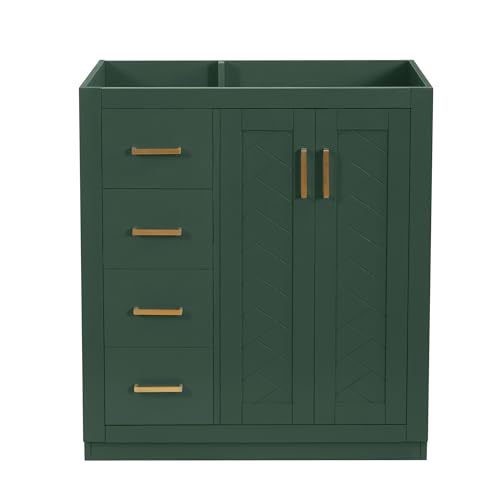 30 Inch Green Bathroom Vanity Without Sink,Bathroom Vanity Base Cabinet | with Herringbone Pattern Soft Closing Doors,3 Left Drawers,Solid Wood Frame,Floor-Standing with Toe-Kick - color: Green, size: 30 Inch Base Only(Left Drawers)
