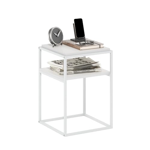 Furinno Moretti Side Table, 2-Tier Stackable Metal Frame End Table with Open Shelf, Night Stand, Bedside Table, Toolless Assembly, for Living Room, Bedroom, Solid White - color: Solid White/White, style: Stackable Metal Frame