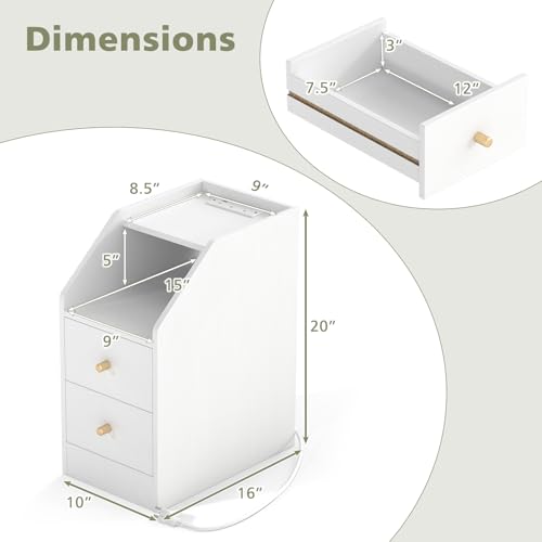 KOMFOTT Set of 2 Side Tables with Charging Station, End Tables with Storage Drawers, Sofa Couch Tables for Small Space, Modern Nightstands for Bedroom (White,2) - color: White