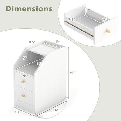 KOMFOTT Set of 2 Side Tables with Charging Station, End Tables with Storage Drawers, Sofa Couch Tables for Small Space, Modern Nightstands for Bedroom (White,2) - color: White