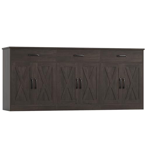 HOSTACK 71"W Farmhouse Kitchen Sideboard Buffet Cabinet with Storage, Brown | Large Coffee Bar Cabinet with 3 Wide Drawers, Long Buffet Table with Shelves, Kitchen Storage Cabinet for Dining Room - color: Dark Brown