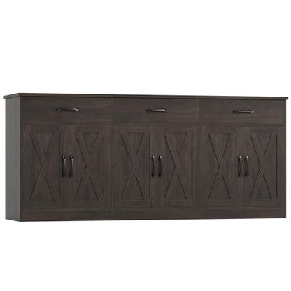 HOSTACK 71"W Farmhouse Kitchen Sideboard Buffet Cabinet with Storage, Brown | Large Coffee Bar Cabinet with 3 Wide Drawers, Long Buffet Table with Shelves, Kitchen Storage Cabinet for Dining Room - color: Dark Brown