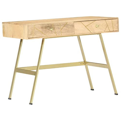 39.4" Industrial Solid Mango Wood Writing Desk with 2 Drawers, Computer Desk for Home Office Small Spaces, Rustic Study Table Natural Brass Steel Frame - color: Solid Mango Wood