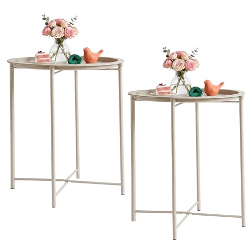 VECELO Side/End Table, Folding Round Metal Anti-Rust and Waterproof Outdoor or Indoor Tray for Living Room Bedroom Balcony and Office, 2 PCS, Grey - color: Grey, size: 2 PCS