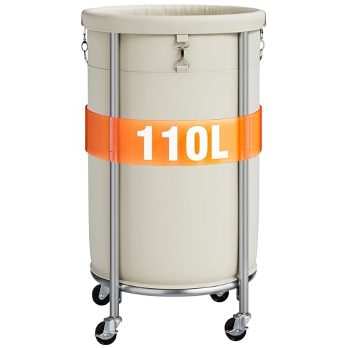 ELYKEN Laundry Basket with Wheels, Round Rolling Laundry Hamper, Cream | 110L, Removable Liner Bag, Heavy-Duty Metal Frame, Locking Casters, Dirty Clothes Hamper for Hotel, Home, Closet, Dorm - color: Cream, size: 110L