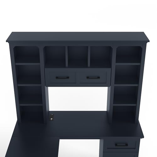 L-Shaped Home Executive Desk with 2 Cabinets and 2 Drawers, Computer Desk with Power Outlet, 11 Open Shelves and 1 Right Flip Shelf with Storage for Study, Living Room and Office (Antique Blue-02) - color: Antique Blue-02