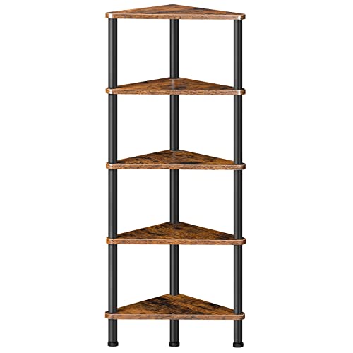 HOOBRO Corner Shelf Stand, Industrial 5-Tier Corner Bookshelf with Metal Frame, Plant Display Shelf, Small Bookcase for Small Spaces, Bedroom, Living Room, Rustic Brown BF33CJ01 - color: Rustic Brown + Black, size: 11.8"L x 11.8"W x 45.3"H
