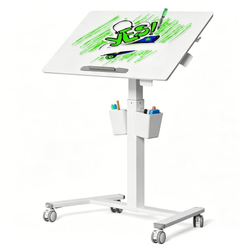 35" Glass Mobile Standing Desk with 90° Tilt, Rolling Whiteboard on Wheels | Height Adjustable Portable Drafting Table with Storage, Small Foldable Laptop Desk for School Home Office, White