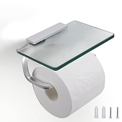 Toilet Paper Holder with Tempered Glass Shelf, Toilet Roll Holder | Modern Bathroom Design, Phone Storage Rack, Steel Construction, Wall Mount, Frosted Finish, Screws or 3M Adhesive Option - color: Silvery