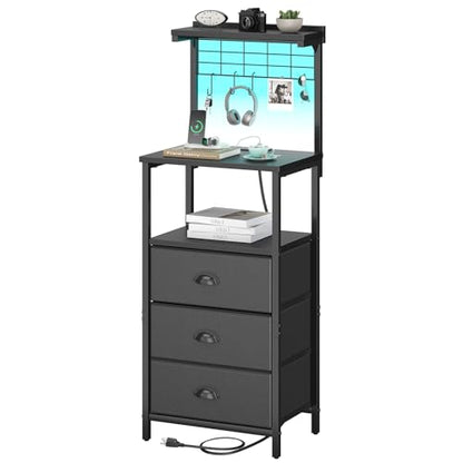 sthmec Bedside Tables Tall Nightstands with Charging Station, LED Bedside Table for Bedroom - 3 PU Fabric Drawers, Hooks, Black - color: Black, style: 3 Darwers