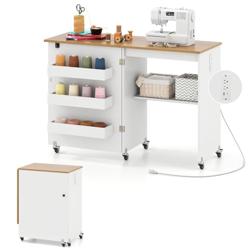 Giantex Folding Sewing Table with Charging Station, Storage Trays & Shelf | Rolling Craft Table with Lockable Wheels, Foldable Sewing Machine Cabinet Desk for Small Spaces, Dorms, White & Natural - color: White & Natural