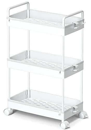 Ronlap 3 Tier Slim Rolling Storage Cart with Wheels Utility Organizer,White | For bathroom, laundry, kitchen, bedside & dorm. Fits art, craft, snack, makeup, nail, diaper & postpartum baby supplies - color: White