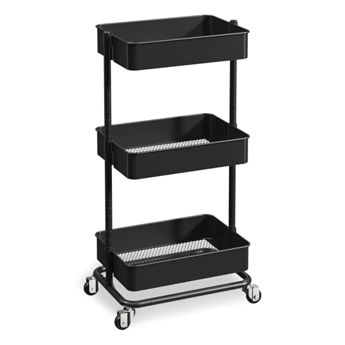 3 Tier Utility Rolling Cart, Heavy Duty Metal Rolling Cart with Wheels, Storage Organizer, Portable Mobile Shelving Unit for Office, Bathroom, Kitchen (Black) - color: Black, size: 17.72×12.40×35.04 inch
