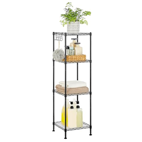 SONGMICS Storage Shelf, Bathroom Shelf for Small Space, 4 Tier | Storage rack for small space, 4 PP shelf liners, removable hook, extendable design, Ink Black and Translucent, ULGR104B01 - color: Ink Black + Translucent, size: 4 Tiers (11.8"D x 11.8"W), s