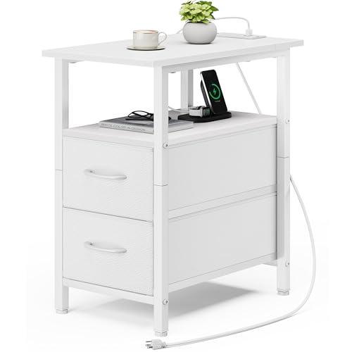 Vagusicc White End Table with Charging Station, Narrow Side Table, 23.8'' Tall Nightstand with 2 Fabric Drawers, Small Sofa Side Table Narrow Nightstand for Small Spaces, Bedroom, Bedsise Table, White - color: White, size: 1, style: Ordinary