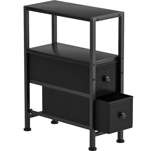 Small Narrow Side Table with Drawers, Skinny End Table for Small Spaces, Slim Nightstand with Storage, Sofa Bedside Table in Living Room, Bedroom, Study, Kitchen and Balcony (Black) - color: Black