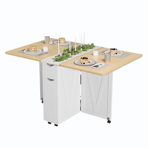 Garvee Folding Dining Table with Storage, Folding Kitchen Table with 6 Wheels, Drawer & Shelves, Compact Dining Table for Small Spaces - color: Burlywood