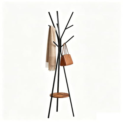 HOME BI Coat Rack, Coat Hanger Stand with Shelves, Freestanding Hall Tree, Metal Hat Hanger with 9 Hooks for Clothes Hats and Scarves, Black and Rustic Brown(Black+Rustic Brown) - color: Rustic Brown