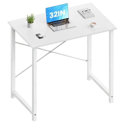 OLIXIS Home Office Computer Desk, Small Office 32-inch Writing and Study Desk, Bedroom Table with Metal Frame and Wooden Top, Compact Modern Study Table for Home Use, White - color: White, size: 32-In