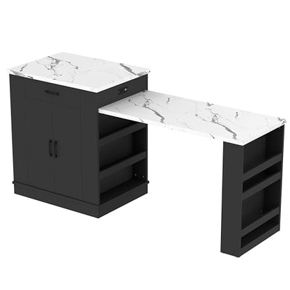 Gecheer Extendable Kitchen Island with Drawers, Double-Door Cabinets & Open Shelving – Black, 80.7" L x 33.4" W x 35.3" H – Multi-Functional Dining Table, Breakfast Bar & Tea Station