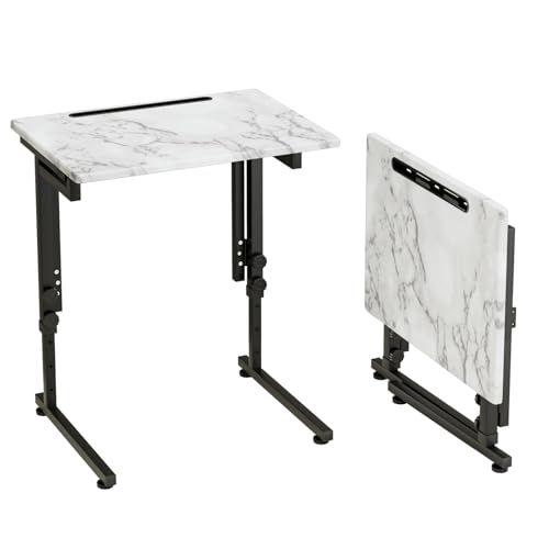 TV Tray, Folding TV Dinner Table, Adjustable Small C-Shaped End Tray for Eating, Foldable Slide Under Couch Side Table for Recliner, Living Room, Bedroom,No Assembly Required(White Marble) - color: White Marble, size: 1PC